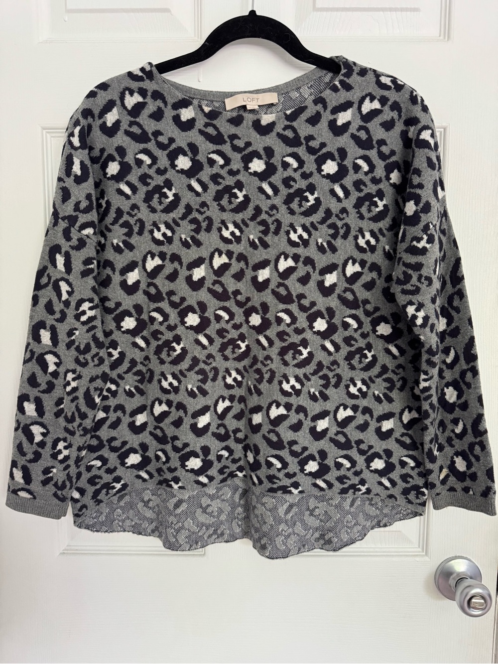 LOFT Gray Black and White Leopard Print Crewneck Oversize Sweater